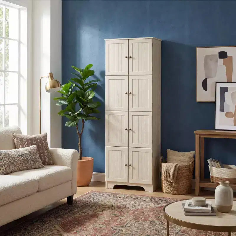 72.4 White Freestanding Tall Storage Cabinet ?C 8 Doors & 4 Shelves