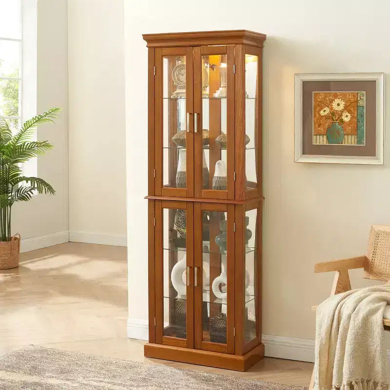 Display Cabinet, Curio Cabinet with 6 Adjustable Shelves and Tempered Glass Doors, Tall Cabinet for Living Room, Bedroom