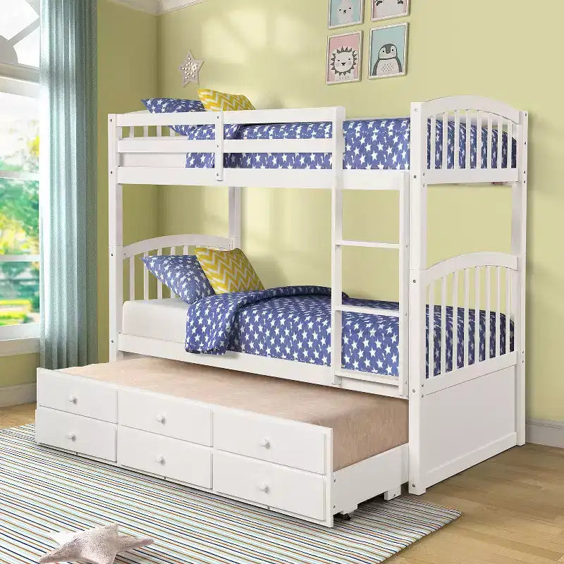 Twin Bunk Bed with Ladder, Safety Rail, Twin Trundle Bed with 3 Drawers for Teens Bedroom, Guest Room Furniture