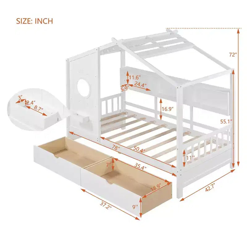 Whisen Twin Size House Bed & Kids Bed, Playhouse Bed with 2 Drawers, Storage Shelf