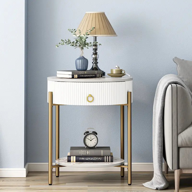 Myhozm Modern End Table with Storage Drawer, Round Nightstand with Metal Legs for Living Room, Bedroom, Office