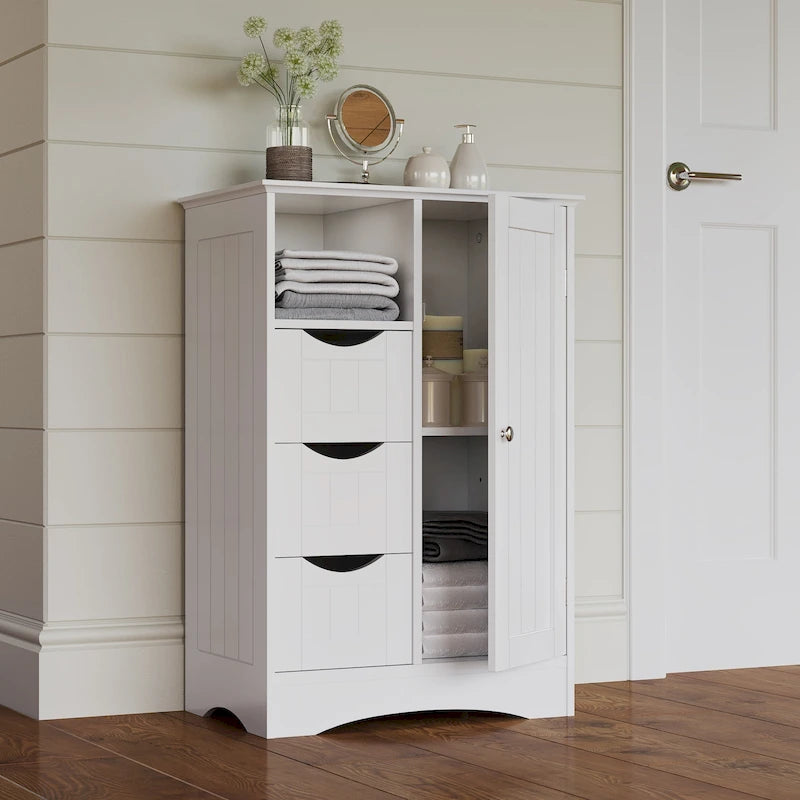 RiverRidge Ashland Single Door Bathroom and Laundry Storage Cabinet with 3 Drawers, Open and Adjustable Shelf