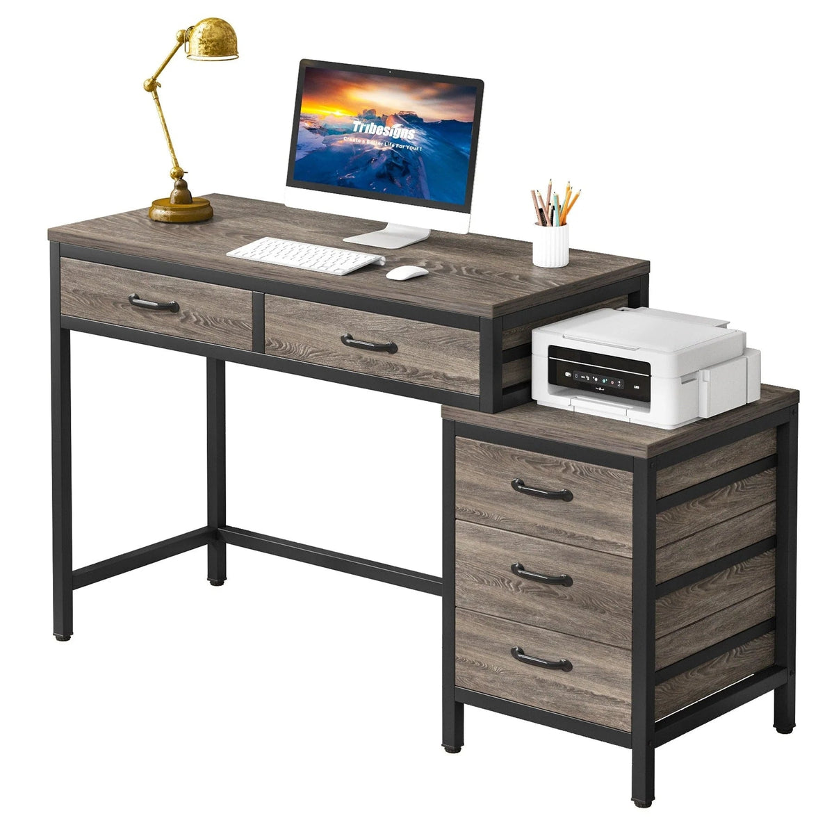Reversible Computer Desk with 5 Drawers, Home Office Desk with File Cabinet Drawer Printer Stand