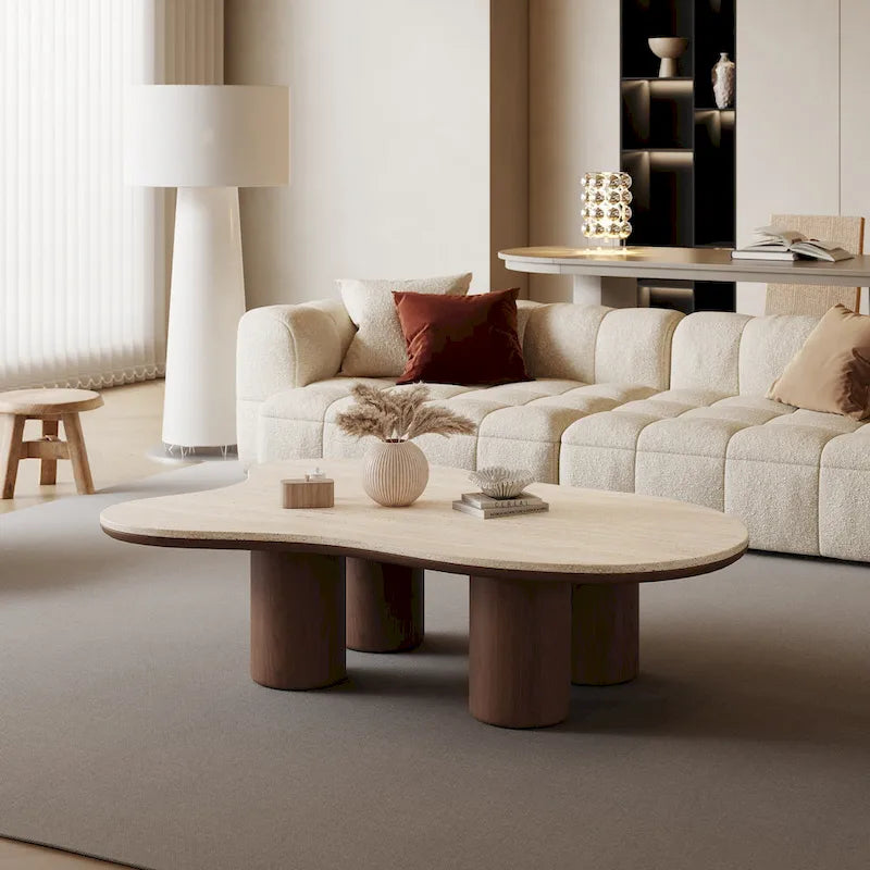48 Modern Wood Coffee Table, Matte Stone Top, cloud Shaped